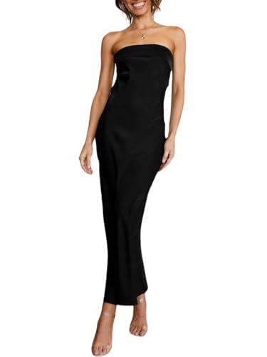 Image of Women Summer Lightweight Satin Maxi Bodycon Dress Strapless Tube Backless Hollow Out Long Party Dress