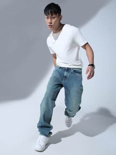 Image of Hubberholme Men Blue Cotton Straight Fit Casual Jeans
