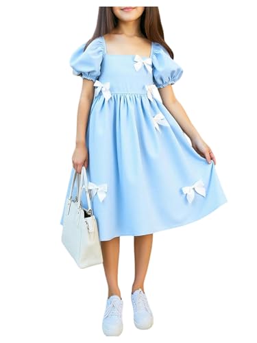 Girl's Y2k Bow Puff Short Sleeve Midi Dress Square Neck Ruffle A Line Dresses