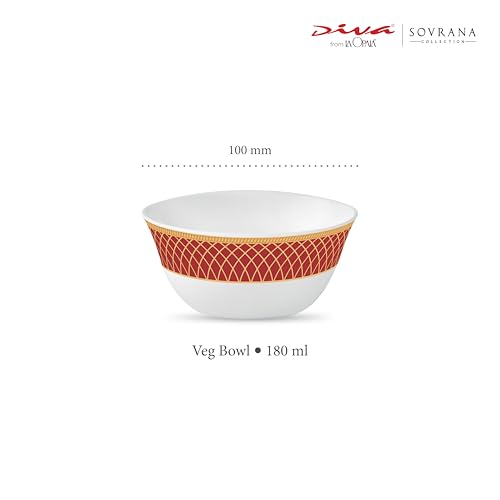 Image of La Opala Diva Sovrana Collection Opal Glass Crockery | Vegetable Bowl 180 ml Set of 6 Regent Red | Bowls for dal & Condiments | Microwave Safe | 100% Vegetarian | Extra Strong | Super Light & White