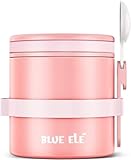 BLUE ELE Leakproof, Vacuum Insulated Thermos Hot Lunch Containers with Ceramic-Coated Stainless Steel, Easy Grip Lid, and Folding Spoon, 13.5oz, Carnation Pink