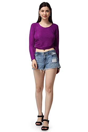 Image of POPWINGS Casual Self Design Regular Fit Polyester Full Sleeves Crop Tops for Women with Crush String