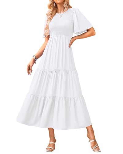 Image of KIRUNDO Summer Dresses for Women 2026 Spring Casual Flutter Short Sleeve Wedding Guest Smocked Flowy Tiered Aline Midi Dress