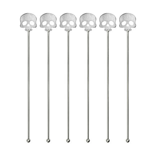Pinenjoy 6Pcs Skull Swizzle Sticks 8.7inch Coffee Stirrers Reuseable 18/10(304) Stainless Steel Beverage Cocktail Stirrer for Bar Halloween Party Mixing Drinks