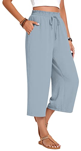 Image of Anyhold Women's Capri Pants Drawstring Casual Palazzo Trousers with Pockets Loose High Waisted Wide Leg Lounge Pants