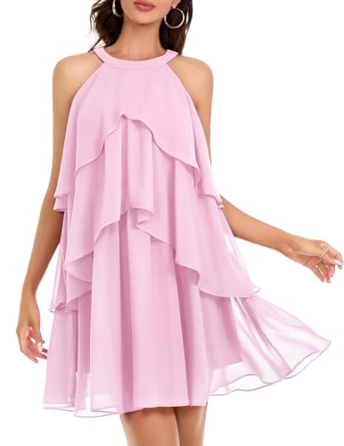 Image of DRESSTELLS Women's Cocktail Ruffle Tiered Dresses, Formal Wedding Guest Holiday Party Halter Mini Dress
