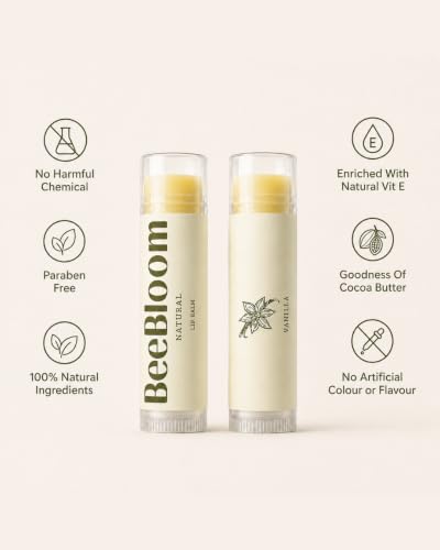 Image of 100% Natural Lip Balm, Vanilla, Enriched with Vit E & Cocoa Butter, for dry, chapped lips, For men & women with Beeswax, Virgin Coconut Oil, Paraben-Free, intense hydration, faster recovery within days Pack of 1