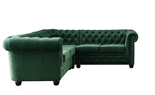 Lisa Design - Canapé Chesterfield d'angle Réversible William en Velours - Sofa Vert 5 Places - Salon Chesterfield