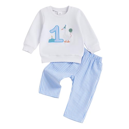 GOOCHEER Baby Boy First Birthday Outfit 1 Goose/Balloon Long Sleeve Sweatshirt Top Plaid Pants One Year Old Birthday Clothes