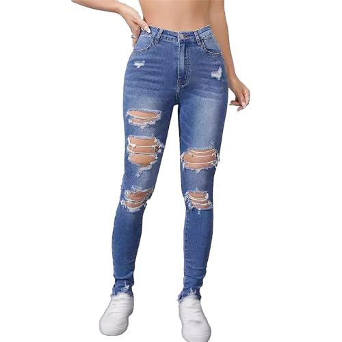 JEKE-DG Women's Distressed Skinny High Waisted Jeans Ripped Stretch Casual Denim Pants Slim Fit Pull-On Destroyed Jeans (Blue2,XX-Large)