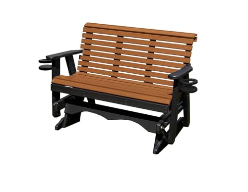 5 FT Cedar Amish-Made Porch Glider – 1000 lb Heavy-Duty Poly Lumber wood Roll Back Glider – USA Crafted HDPE Outdoor Seating Furniture - Stainless Steel Hardware – Smooth, Quiet Glide - CupHolders