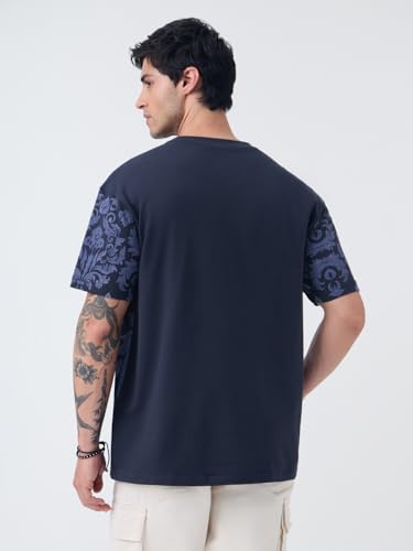 Image of The Souled Store Oversized T-Shirt: Regal Men and Boys Short Sleeves Round Neck Black Graphic Printed Cotton Drop Shoulder Everydaywear Streetwear Casual Oversized T-Shirt