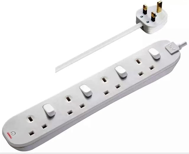 Masterplug 4 Gang Individually Switched Extension Socket Lead, 1m Cable, 10 Amp, UK 3 Pin Plug