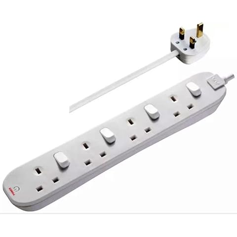 Masterplug 4 Gang Individually Switched Extension Socket Lead, 1m Cable, 10 Amp, UK 3 Pin Plug Cover