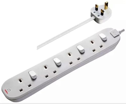 Masterplug 4 Gang Individually Switched Extension Socket Lead, 1m Cable, 10 Amp, UK 3 Pin Plug