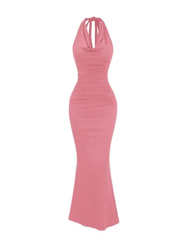 Image of GORGLITTER Women's Halter Tie Maxi Dresses Elegant Classy Backless Cowl Neck Evening Gowns Formal Cocktail Ruched Dress