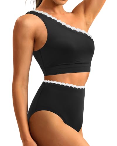 Image of Holipick Women One Shoulder High Waisted Bikini Sets Two Piece Swimsuit Tummy Control Bathing Suit Full Coverage Swimwear