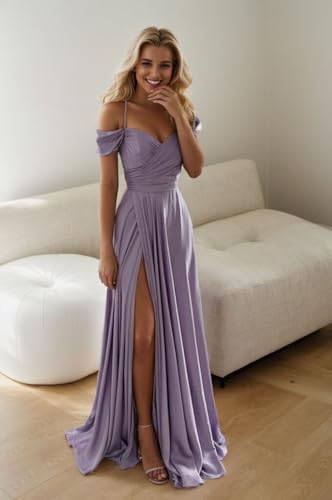 IIF Off Shoulder Satin Bridesmaid Dresses Spaghetti Strap Long Ruched A Line Formal Prom Dress with Slit IIF0062