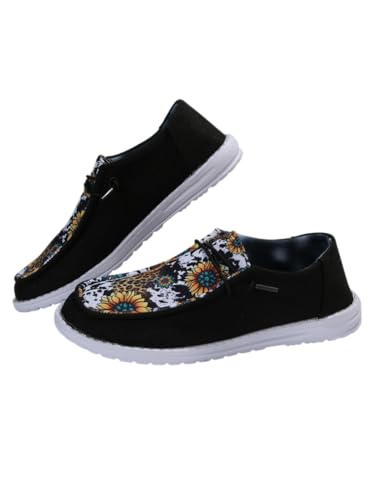 Unisex-Adult Sunflower Floral Canvas Loafers Comfortable Boat Shoes Easy Slip On Lightweight Deck Shoes Elastic Laces Outdoor Flat Walking Shoes Breathable Drving Shoes Sneakers for Women Men