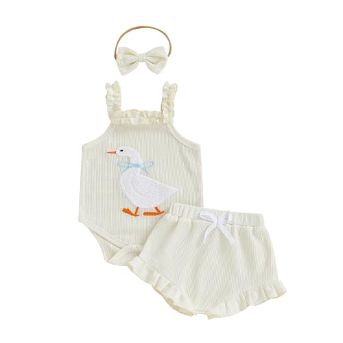 Image of Ldaiyiu Newborn Baby Girl Clothes Silly Goose Outfit Waffle Knit Sleeveless Romper Ruffle Shorts Set Spring Summer Clothes