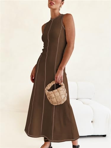 Image of Women's 2025 Summer Sundress Elegant Casual Crew Neck Sleeveless Knit Striped Bodycon Maxi Dress