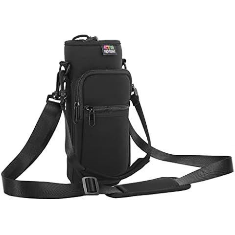Nuovoware Water Bottle Carrier Bag, Bottle Pouch Holder, Adjustable Shoulder Hand Strap 2 Pocket Sling Neoprene Sleeve Sports Water Bottle Accessories for Men/Women Hiking Travelling Camping, Black Cover