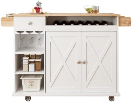 White Kitchen Island with Drop Leaf - Versatile and Spacious Rolling Kitchen Island