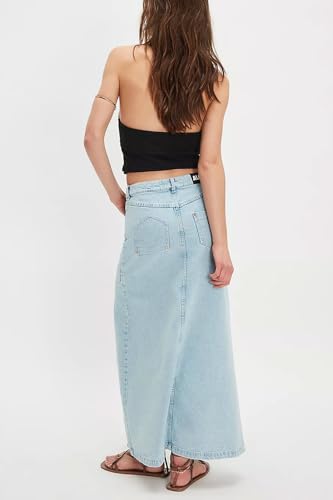 CHARTOU Women Retro Denim Maxi Skirt Mid Waist Side Wavy Slit A Line Long Jean Skirt with Pockets3