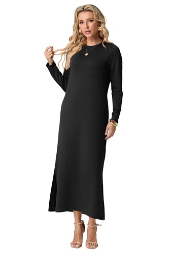 GRECERELLE 2025 Women Spring Fall Casual Round Neck Long Sleeve Loose Split Wrinkle-Free Long Maxi Dress with Pockets2