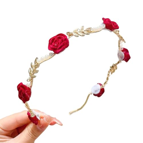 Spenlly Sweet Rose Flower Headband for Women Cute Pearl Floral Hairbands Fashion Bridal Headband Non Slip Hair Accessories (Red)