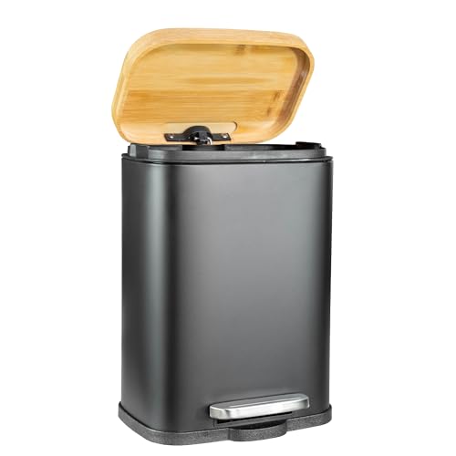 Solly´s Poubelle de salle de bain, 5 l, avec couvercle en bambou, à pédale, avec système d'abaissement automatique, revêtue par pulvérisation,...