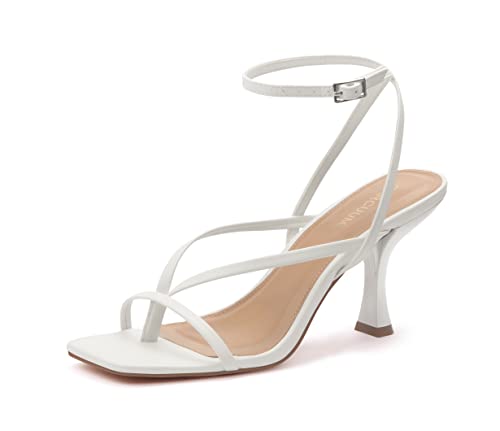 Image of Carcuume Womens Kitten Heels Square Toe Thong Strappy Ankle Strap Stiletto Heel Sandals