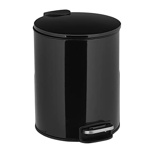 Image of Relaxdays Bathroom Bin 5 litre, Soft-Close, Removable Inner Container, Round Pedal Dustbin, Metal, Black, 80% iron 20% plastic, 26 x 20.5 x 24 cm