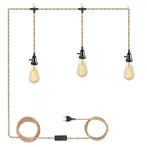 Kit de Lustre Corde de Chanvre Vintage Cable Suspension Luminaire avec Interrupteur et Prise EU DIY...