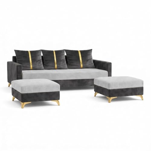 Image of Caviar 5 Seater L Shape Sofa Set with 2 Movable Ottomans | Flexible Layout | Luxury Velvet Suede Fabric | Modern Living Room Sofa | Dark Grey-Light Grey