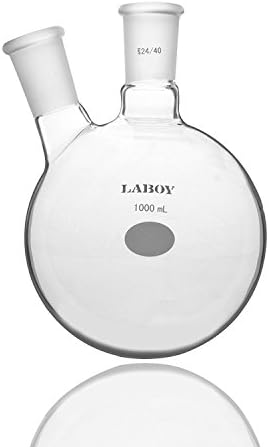 Laboy Glass 1000mL 2 Neck Round Bottom Boiling Flask with 24/40 Center & Side Joints Angled Apparatus Organic Chemistry Lab Glassware