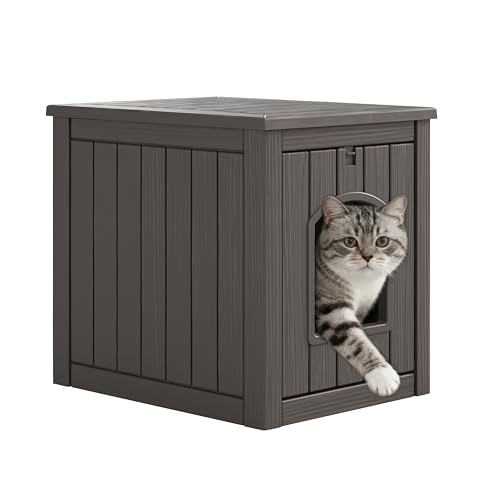 WTFGO Outdoor Cat House Weatherproof, Plastic Outside Cat House Waterproof with Openable Front Door, Warm Feral Cat Shelter for Porch, Backyards, Garage & Indoor(Gray)