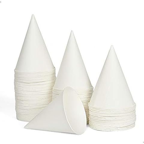 AQUEENLY 100 Snow Cone Cups, Wax Coated Leakproof Cone Paper Cups for Slush, Shaved Ice, Water - 6OZ, White Cover