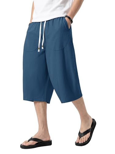 Image of KEFITEVD Mens Summer Shorts Three Quarter Length Cropped Trousers Baggy Linen Yoga Pants Harem Long Shorts Blue Grey 32