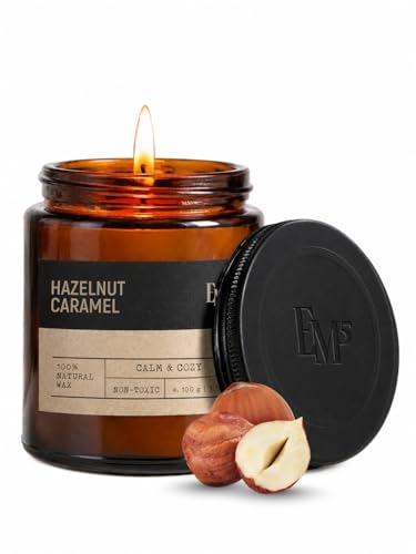 Image of EM5 Hazelnut Caramel Aromatherapy Scented Candle | Hand Crafted Gourmand Candle | 100% Natural Wax & Wick | Upto 40 Hrs Clean Burn | Smokeless & Non-Toxic | 100gm