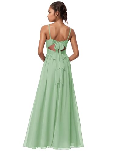 V Neck Chiffon Bridesmaid Dresses for Women with Slit Spaghetti Straps Tie Formal Wedding Prom Dress