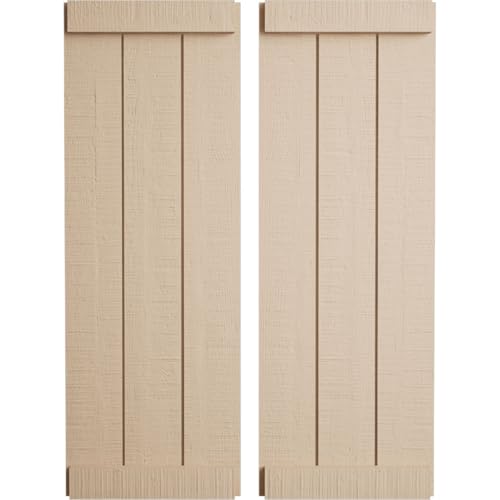 Ekena Millwork 16 1/2"W x 54"H Rustic Three Board Joined Board-n-Batten Rough Cedar Faux Wood Shutters w/End Batten (Per Pair), Primed Tan