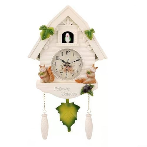UrbanHui Reloj de péndulo de cuco montado en la pared con función de alarma para el hogar, sala de estar, dormitorio, oficina, decoración artística de 42 cm (ardilla blanca)