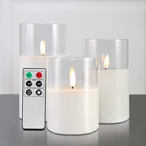Eywamage Clear Glass Flameless Candles with Remote, Flickering Realistic LED Battery Pillar Candles Φ 3" H 4" 5" 6"