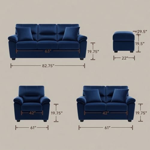 Image of Anderson Sofa Set for Living Room | Sectional Sofas | Premium Leather Sofa for Home Office | Leather Sofa Set | Leatherette Sofa (Blue Fabric, 3+2 Seater with Ottoman)