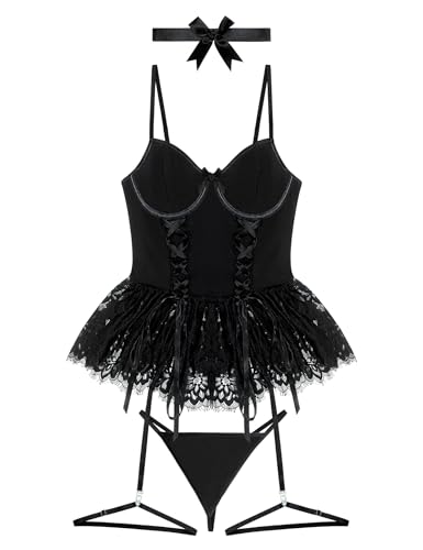 Women Sexy Lingerie Set Naughty Lace Up Corset Bodysuit Underwire Lingerie Babydoll With Garter Belt and Bow Tie3