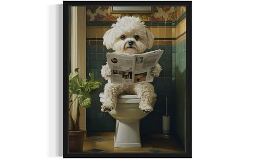 Image of Maltese on Toilet Black Framed Wall Art Print Poster, Dog Bathroom Humor Decor Posters Prints for Restroom Home Picture Painting Artwork Gallery 7 (Maltese, 18 x 24 inches, Black Frame)