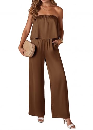 KIRUNDO Jumpsuits For Women Dressy 2026 Summer Satin Strapless Romper Flowy Tube Top Spring One Piece Vacation Outfits(Brown, XX-Large)