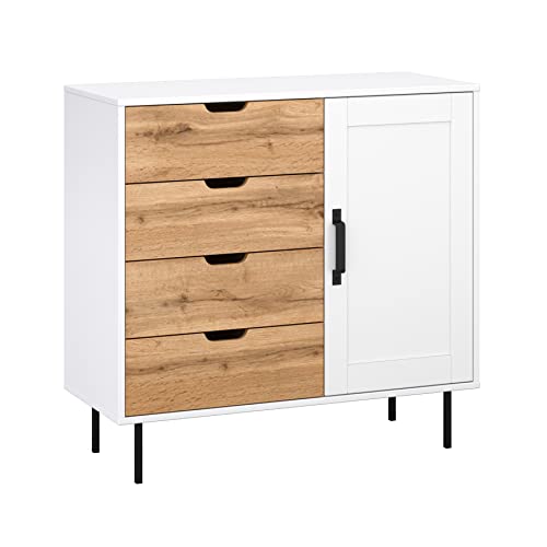 Großes Sideboard 94 cm, 1 Tür, 4 Schubladen, skandinavischer Stil, Farbe Weiß/Wotan Eiche Cover