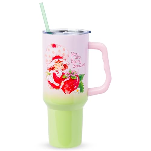Image of Silver Buffalo Strawberry Shortcake You Are Berry Special Vintage Pink and Green Ombre Double Walled Stainless Steel Tumbler with Handle and Straw, Fits in Standard Cup Holder, 40 Ounces